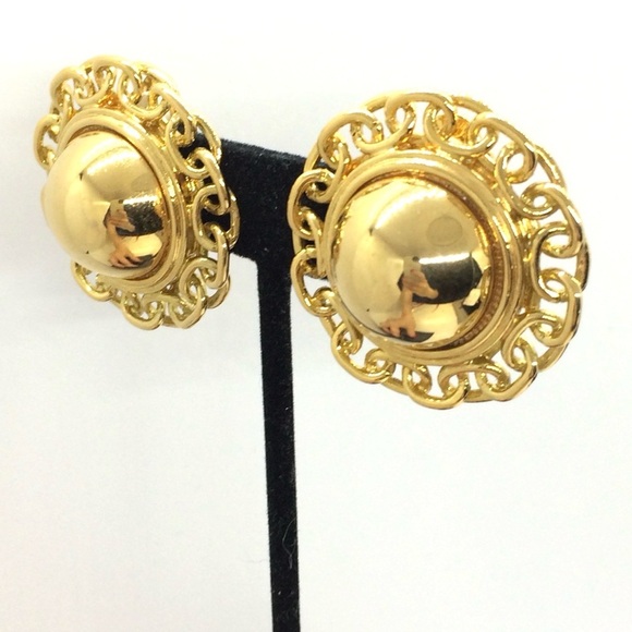 VINTAGE 80S CHAIN LINK GOLD TONE ROUND CLIP ON EARRINGS STATEMENT DOMED LARGE - Picture 6 of 14